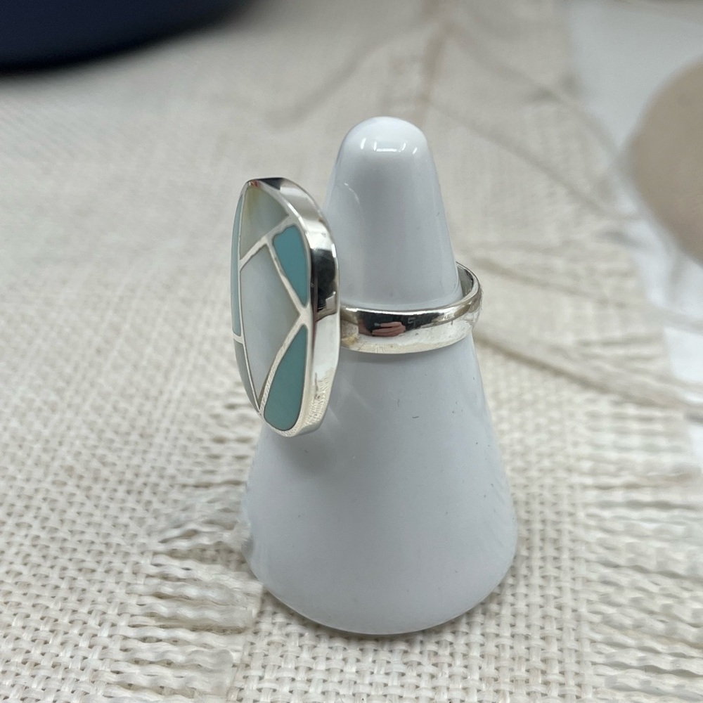 Vintage Thai 925 Sterling Silver Natural Turquoise MOP Inlay Ring Size 6 - Picture 14 of 16